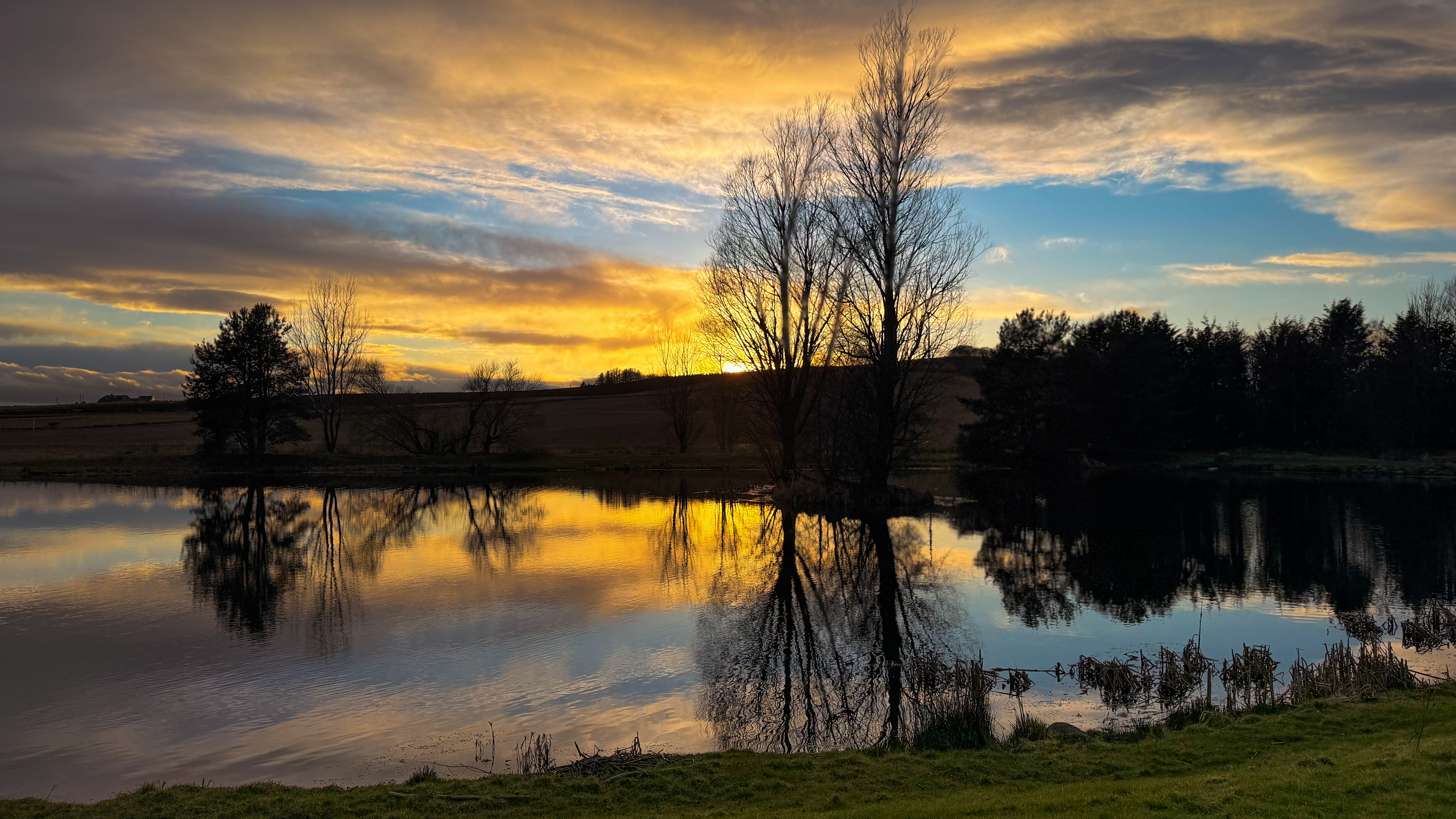 Dramatic golden sunset reflected in Loch Insch with silhouetted trees